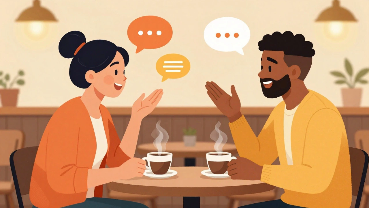 Two people having a lively conversation at a cafe table