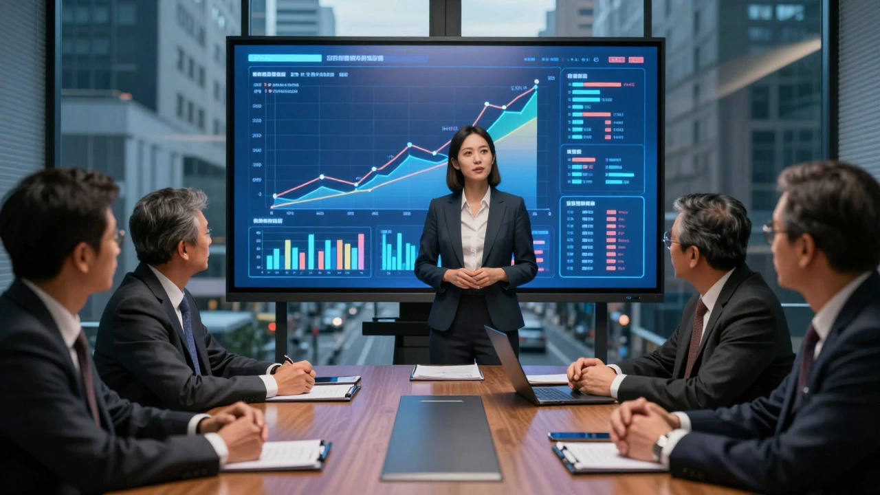Businesswoman presenting financial data to executives in a high-tech boardroom