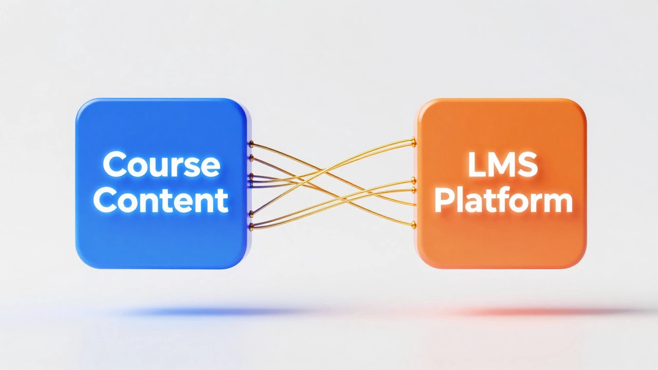 Conceptual 3D graphic showing a digital bridge connecting course content to an LMS.