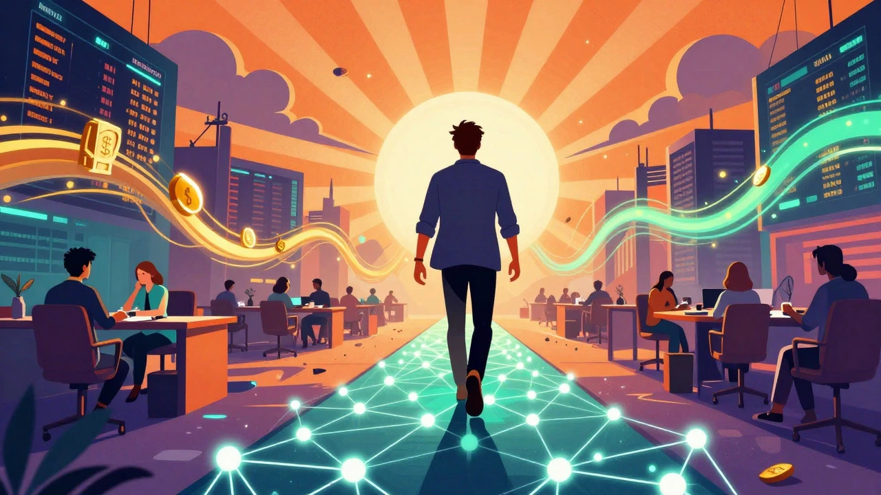 Conceptual art of a startup founder navigating a digital path toward success