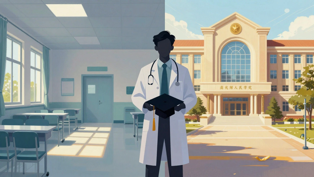 Illustration comparing a government hospital and a private university campus
