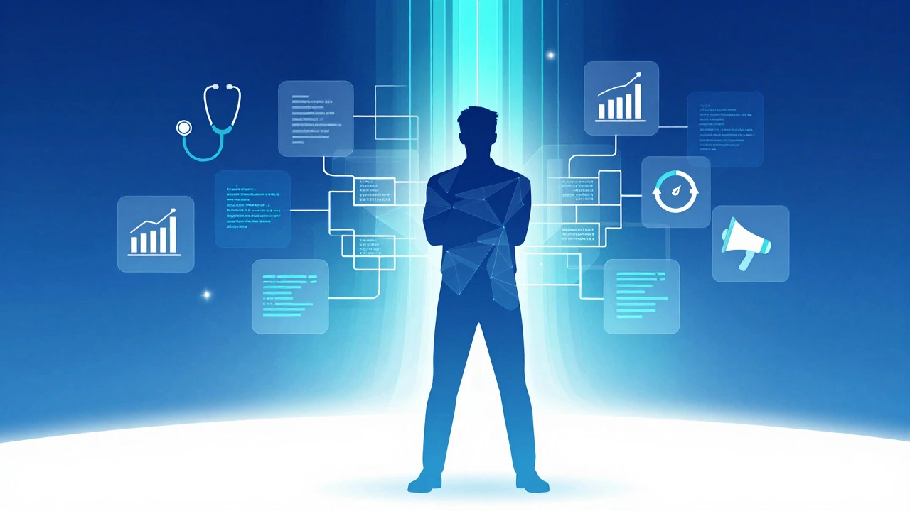 Illustration of a figure merging industry icons with digital code streams