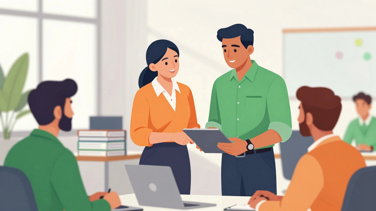 Indian professionals collaborating in modern bright government office environment