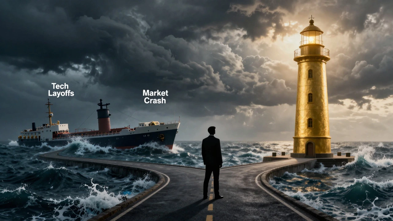 Metaphorical art showing stable lighthouse vs stormy sea representing job security choices
