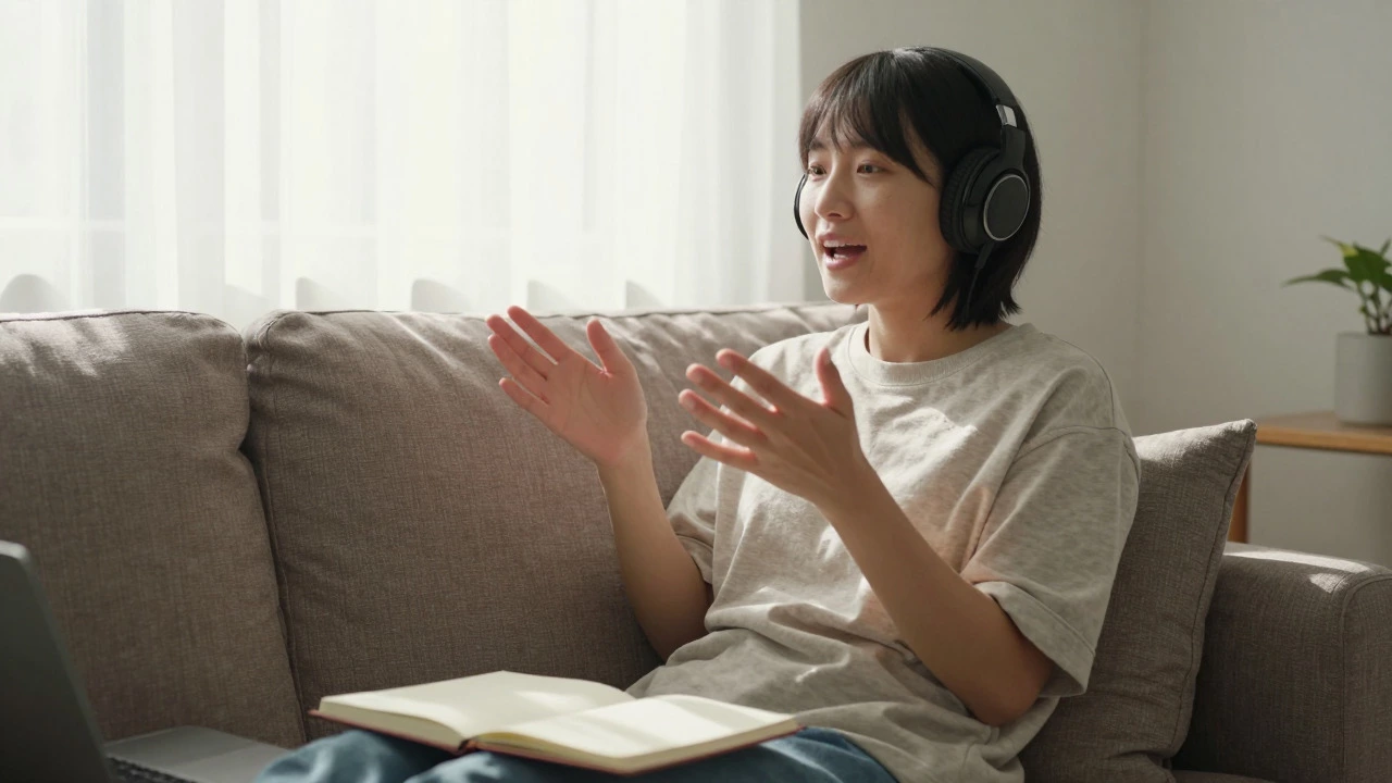 Person practicing English speaking alone in a relaxed home setting