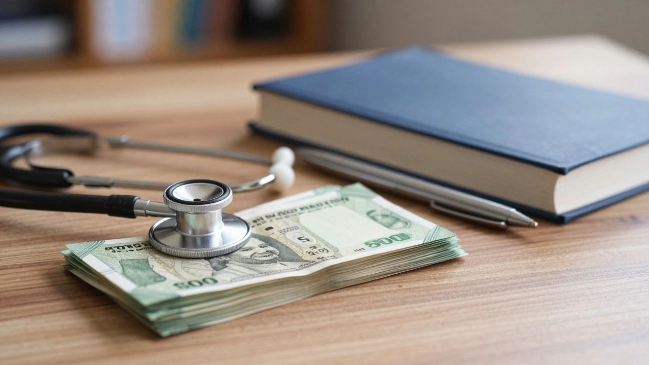Stack of Indian rupees, a stethoscope, and a medical book on a desk representing fees
