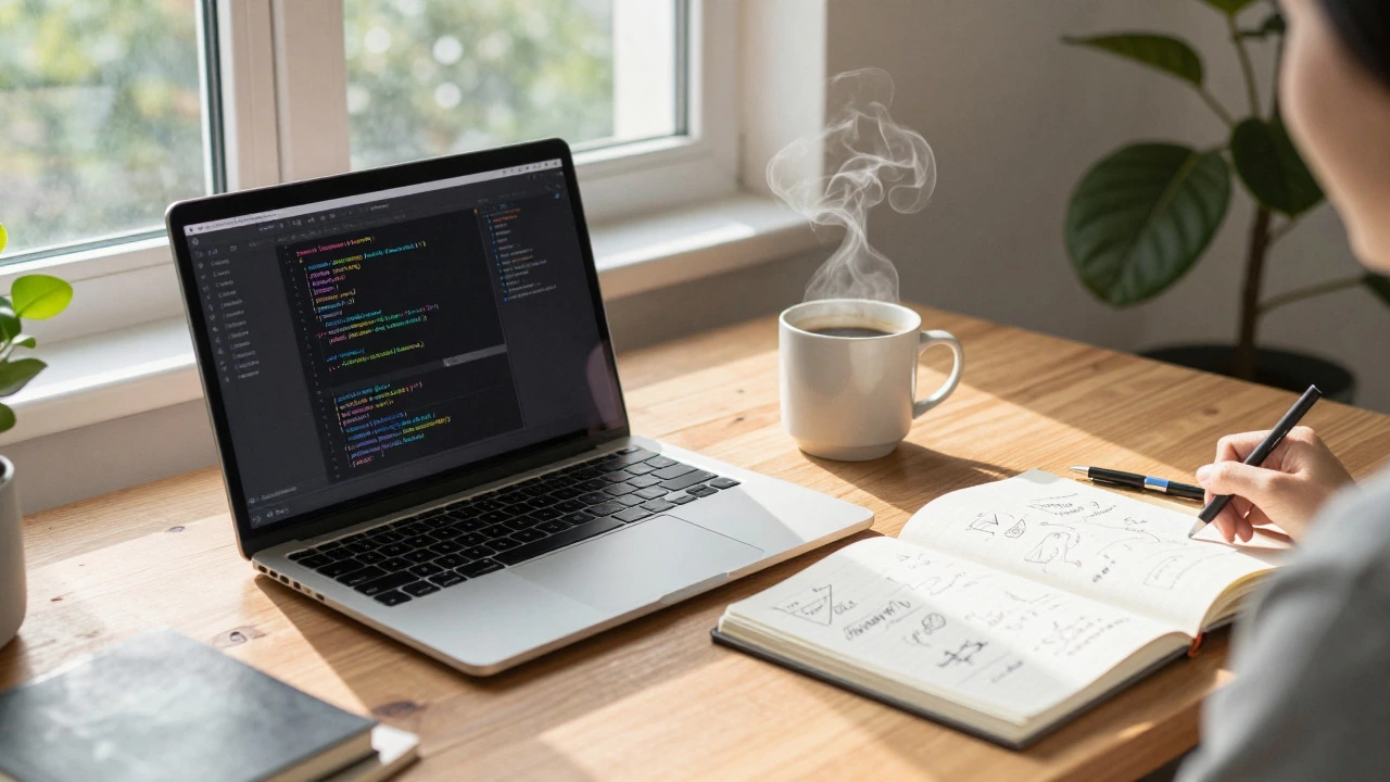 Sunlit desk with a laptop, notebook, and coffee cup showing a study setup