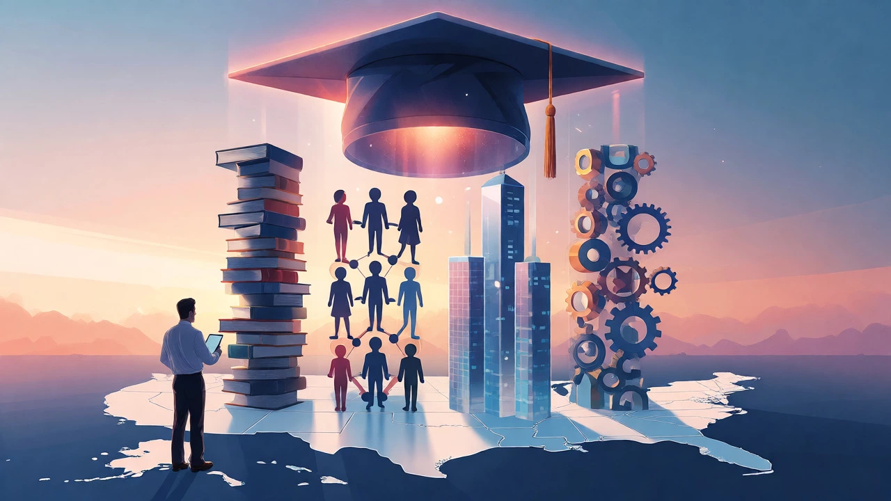 Abstract pillars of education supporting a graduation cap over a US map.
