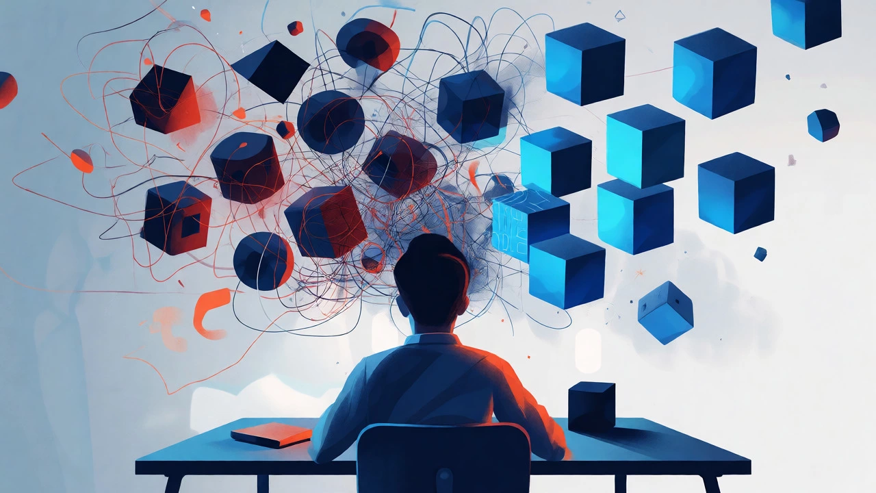 Abstract visualization of turning chaotic thoughts into structured programming logic.