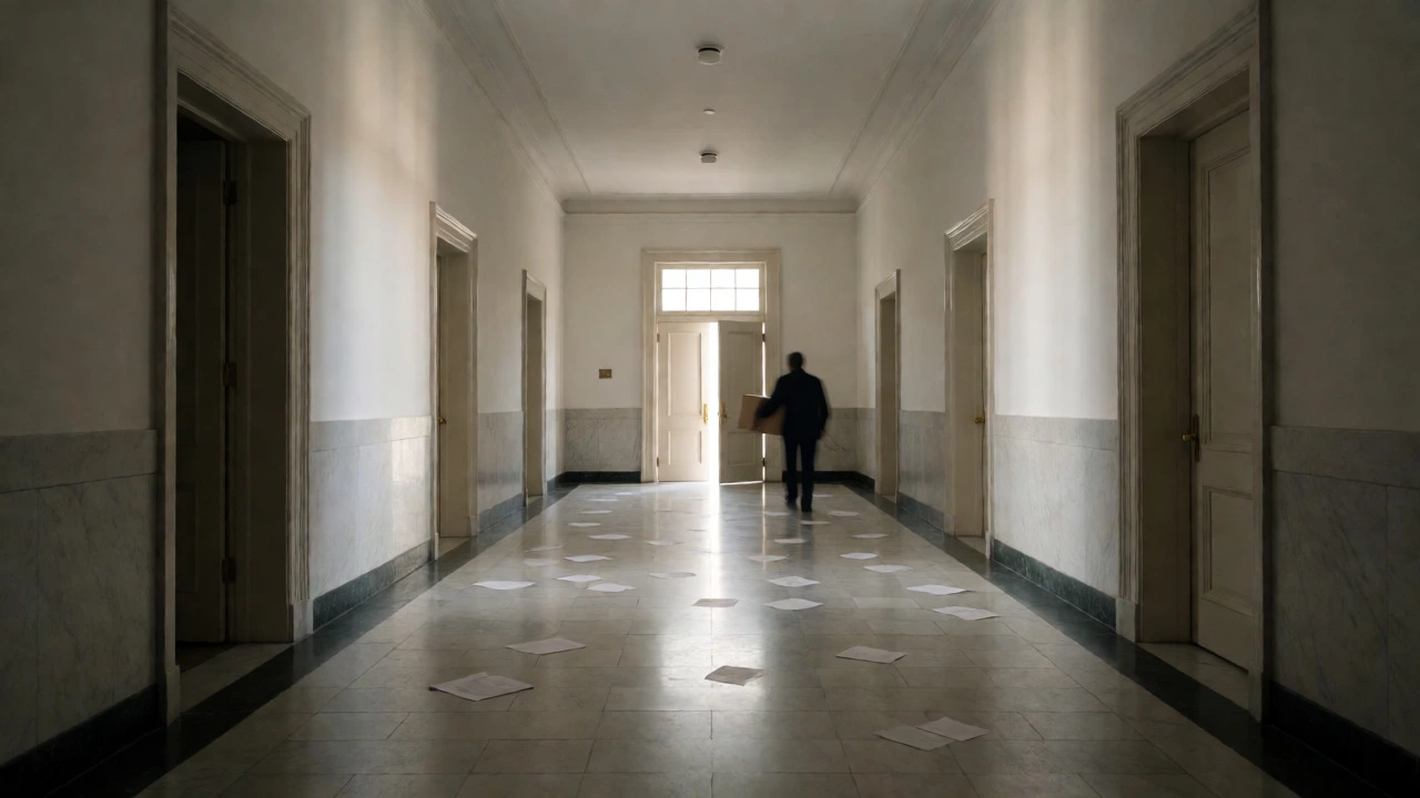 An empty government corridor with an open door at the end, representing the exit path.
