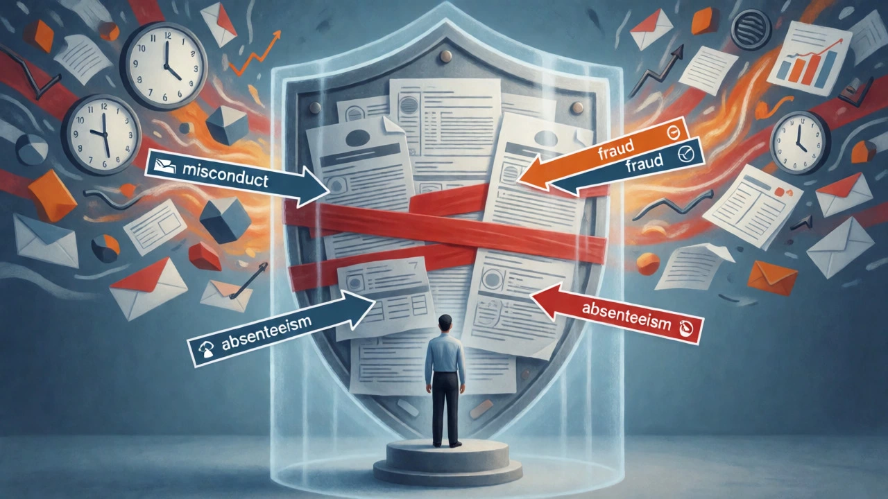 Conceptual art showing a shield of paperwork protecting a worker from private sector chaos.