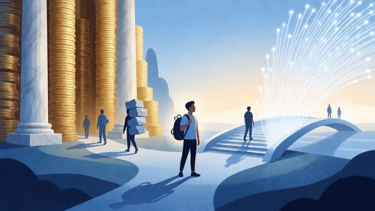 Conceptual image comparing expensive traditional education with accessible online paths