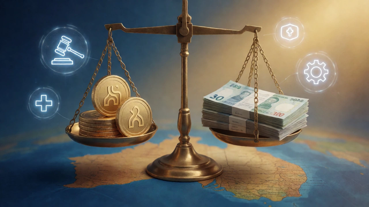 Conceptual image of a balance scale weighing government benefits against private sector cash
