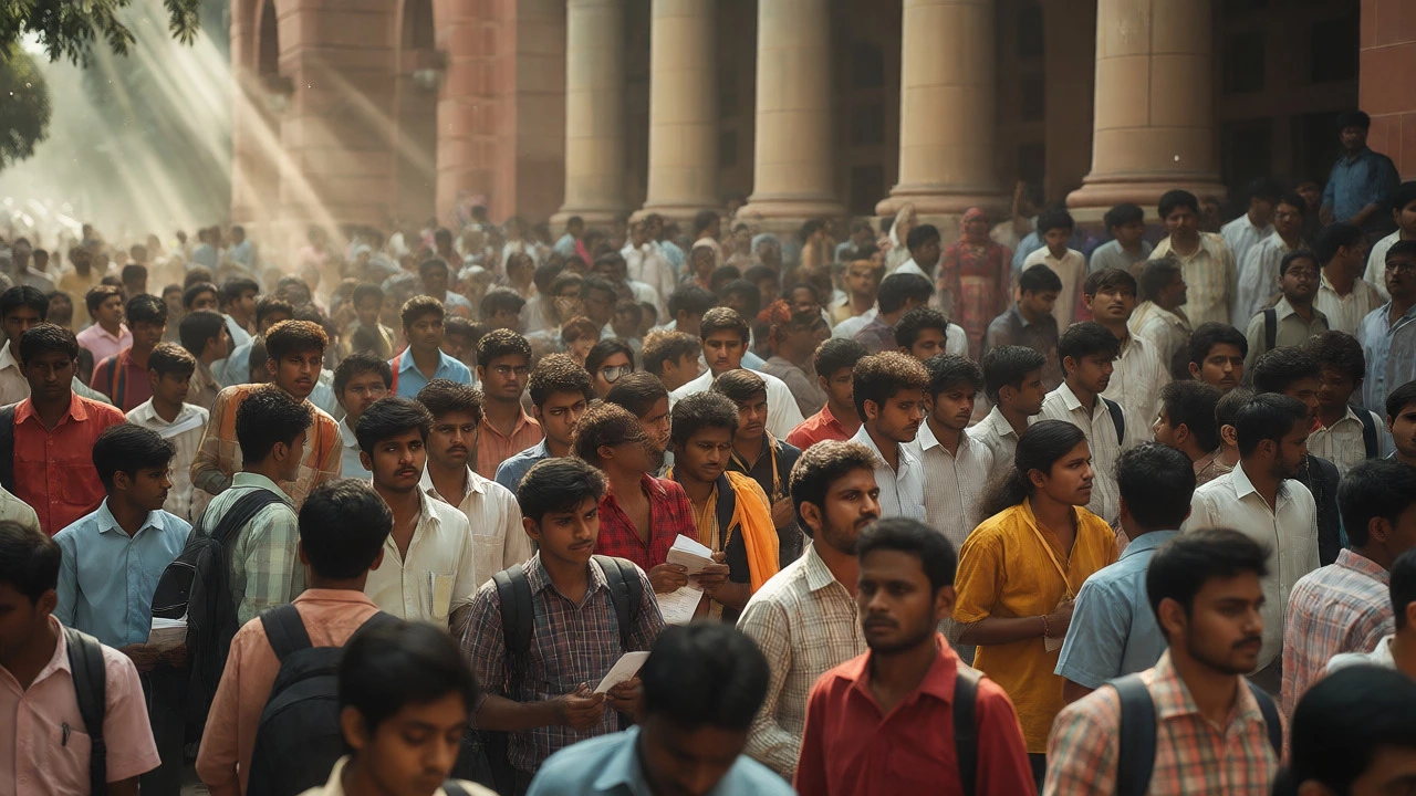 Large crowd of job aspirants waiting outside an exam center in India