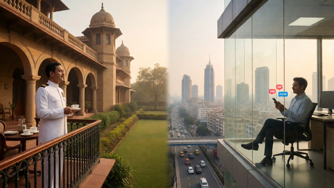 Split view comparing an IAS officer's bungalow life with a corporate manager's high-rise office