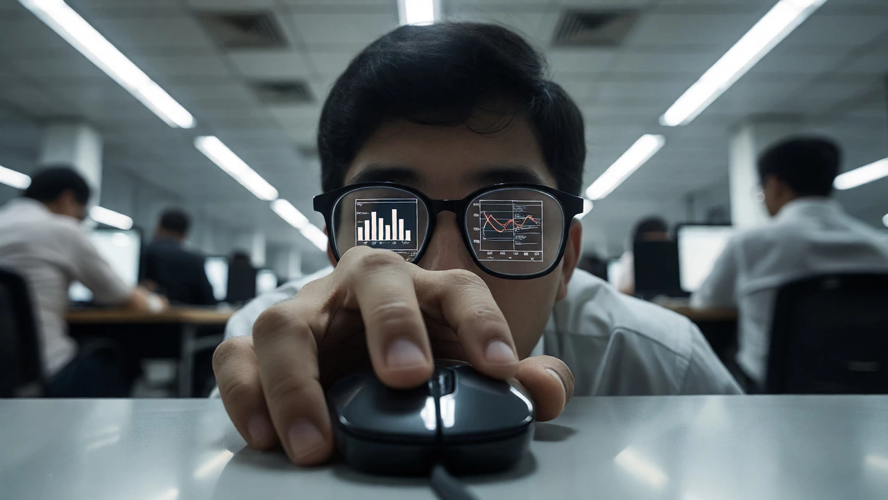 Stressed candidate facing complex data charts during a computer-based exam.