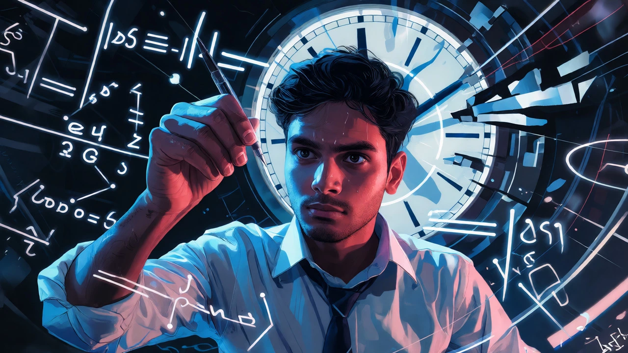 Student solving swirling physics equations under intense time pressure.