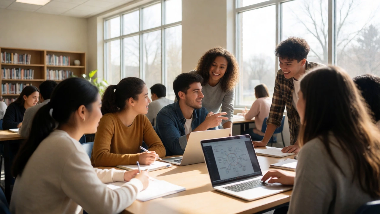 Students collaborating in a bright, affordable community college study environment