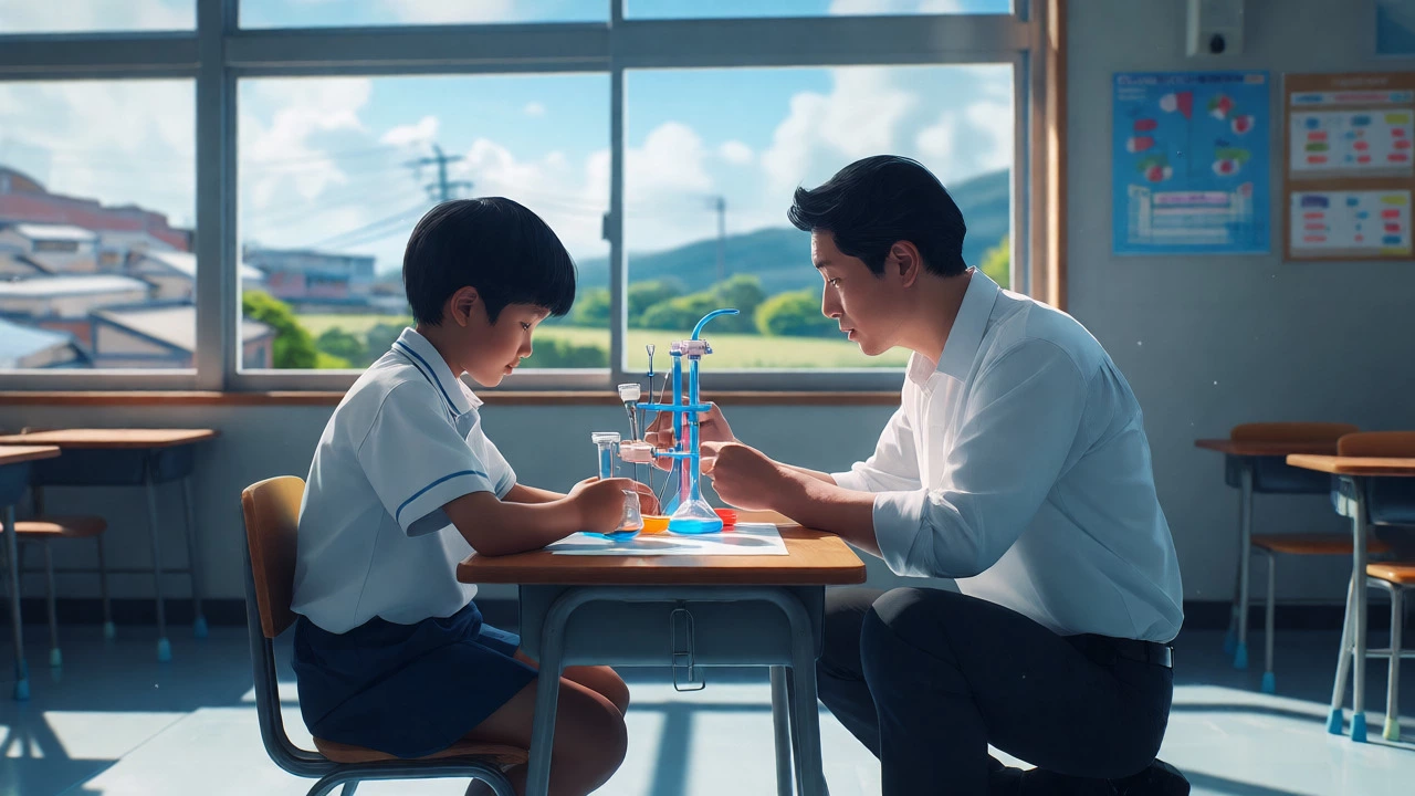 Teacher guiding a student during a science experiment in a bright classroom.