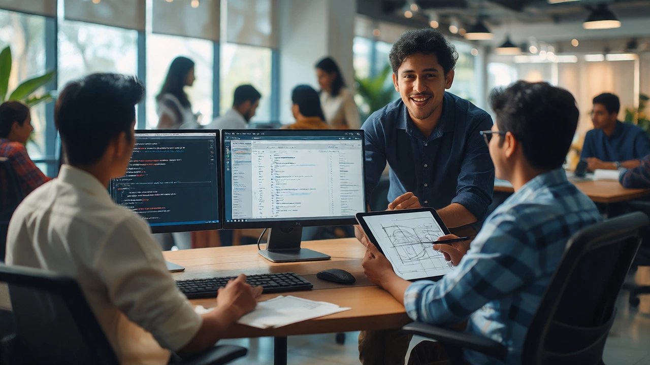 Diverse team collaborating in a modern co-working office environment