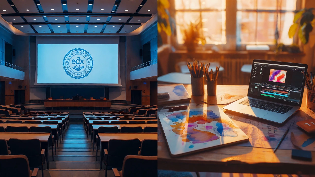 Split view contrasting formal academic settings with creative workspaces