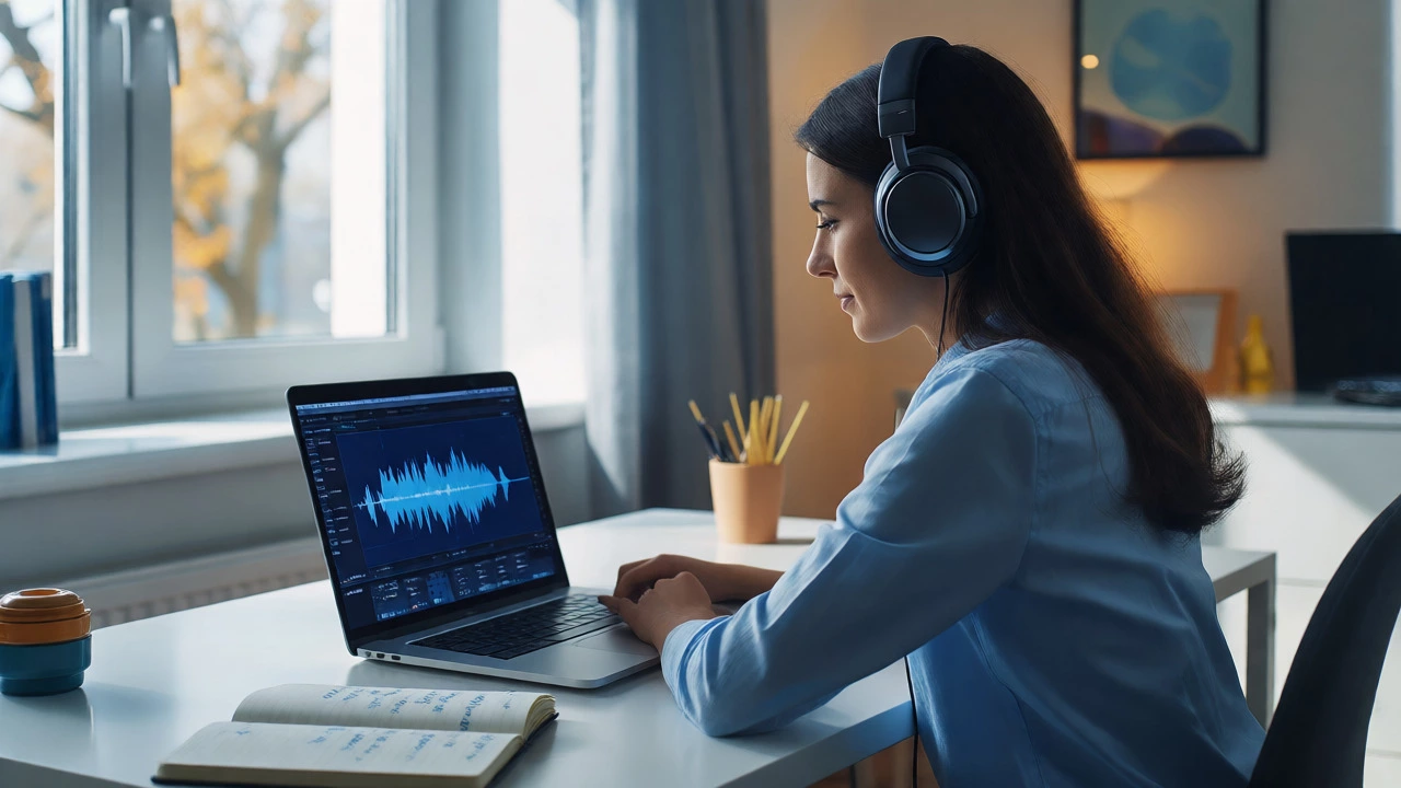 Woman wearing headphones studying English listening content at a desk