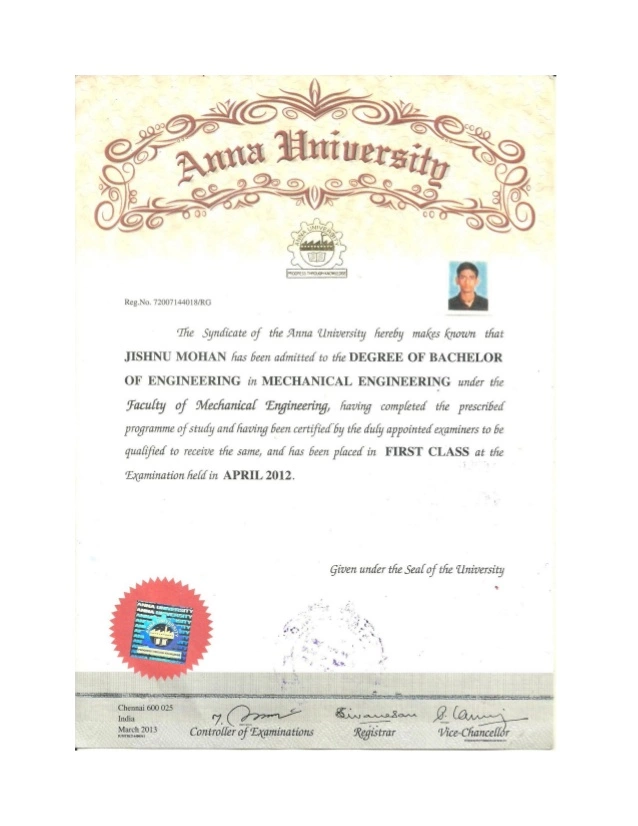 Anna university Degree Certificate